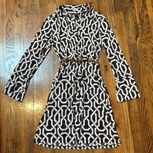 INC Black White Geometric Button Up Dress Holidays Christmas Nursing Friendly